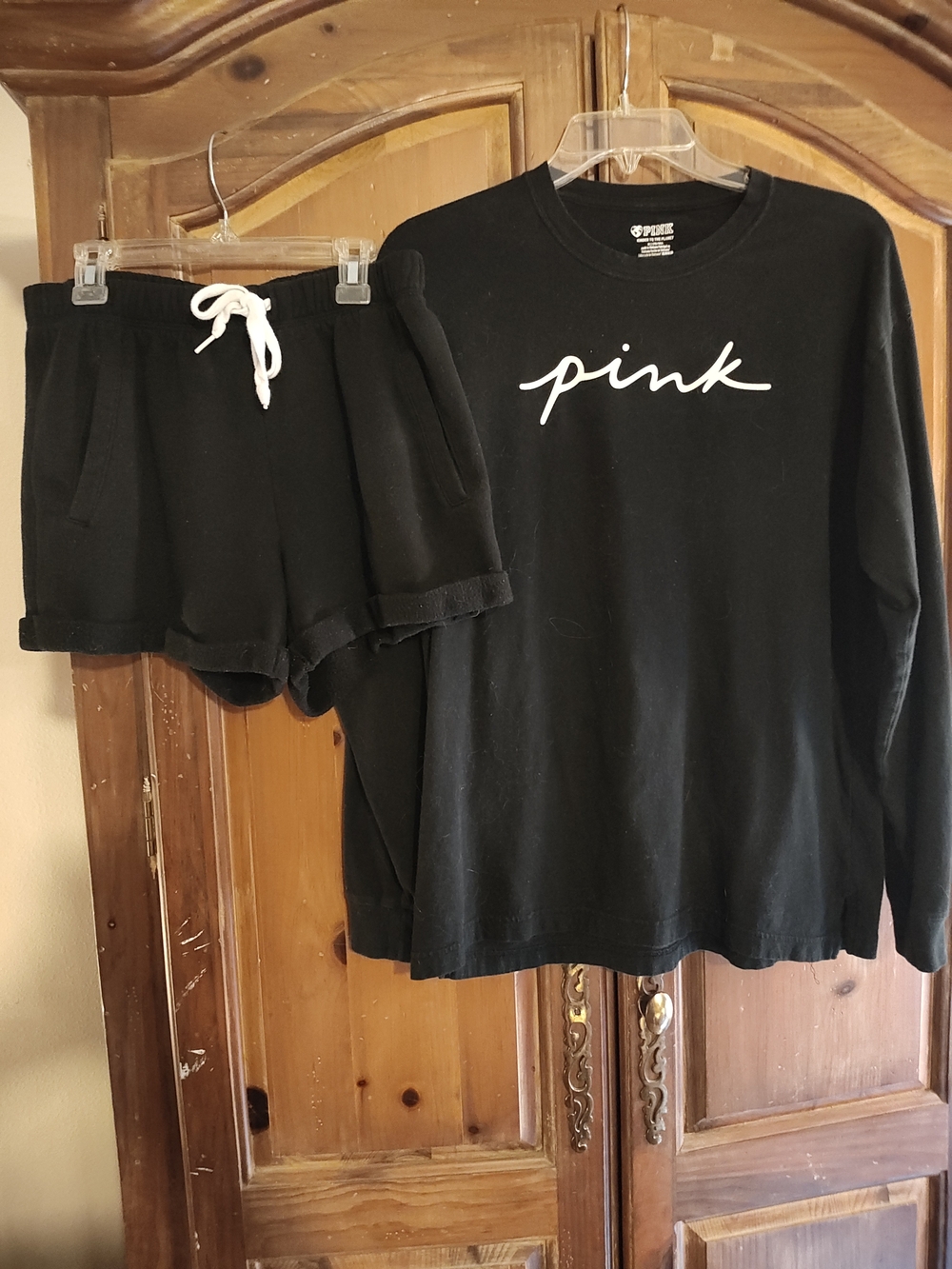 PINK Victoria's Secret Black Long-Sleeve Top and Shorts  Set
